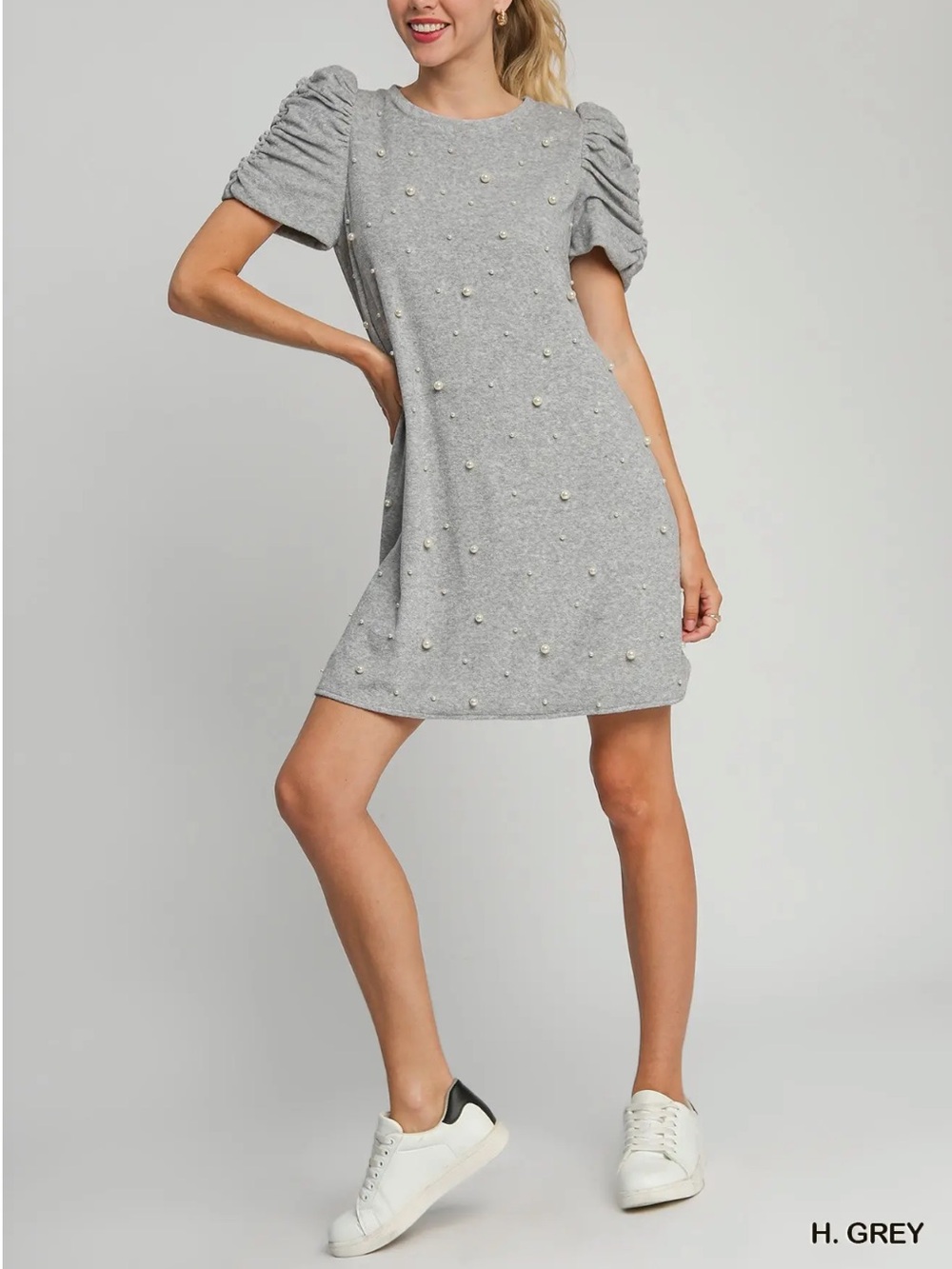 Umgee Heather Grey Pearl Embellished Puff Sleeve Fall Dress NWT